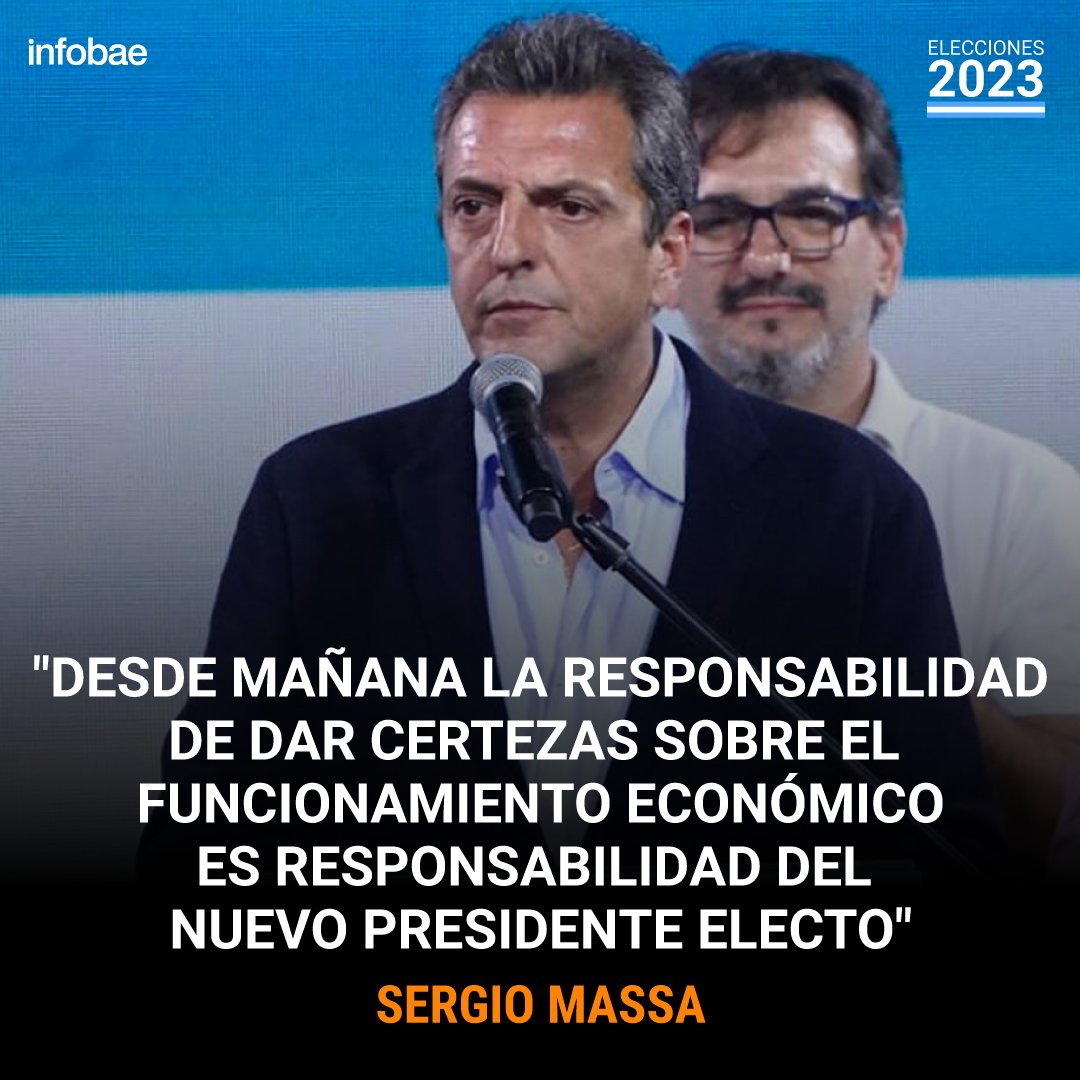 infobae's tweet photo. Sergio Massa: “Desde mañana la responsabilidad de dar certezas sobre el funcionamiento económico es responsabilidad del nuevo presidente electo” #Balotaje2023 https://t.co/TZ8wo2aX5v https://t.co/gwkxoTfnKA
