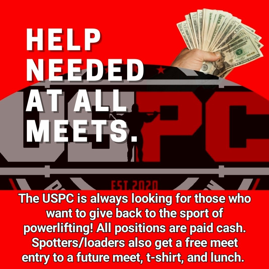 USPC2020's tweet photo. The @uspc.pl is always looking for those who want to give back to the sport of powerlifting. All positions are paid cash. In addition to hourly pay, spotters get a free meet entry to a future meet, t-shirt, and lunch. ​​​​​​​​​​​​​​​​
​​​​​​​​​​​​​​​​
Details and sign up at https https://t.co/ulJYhQABdj