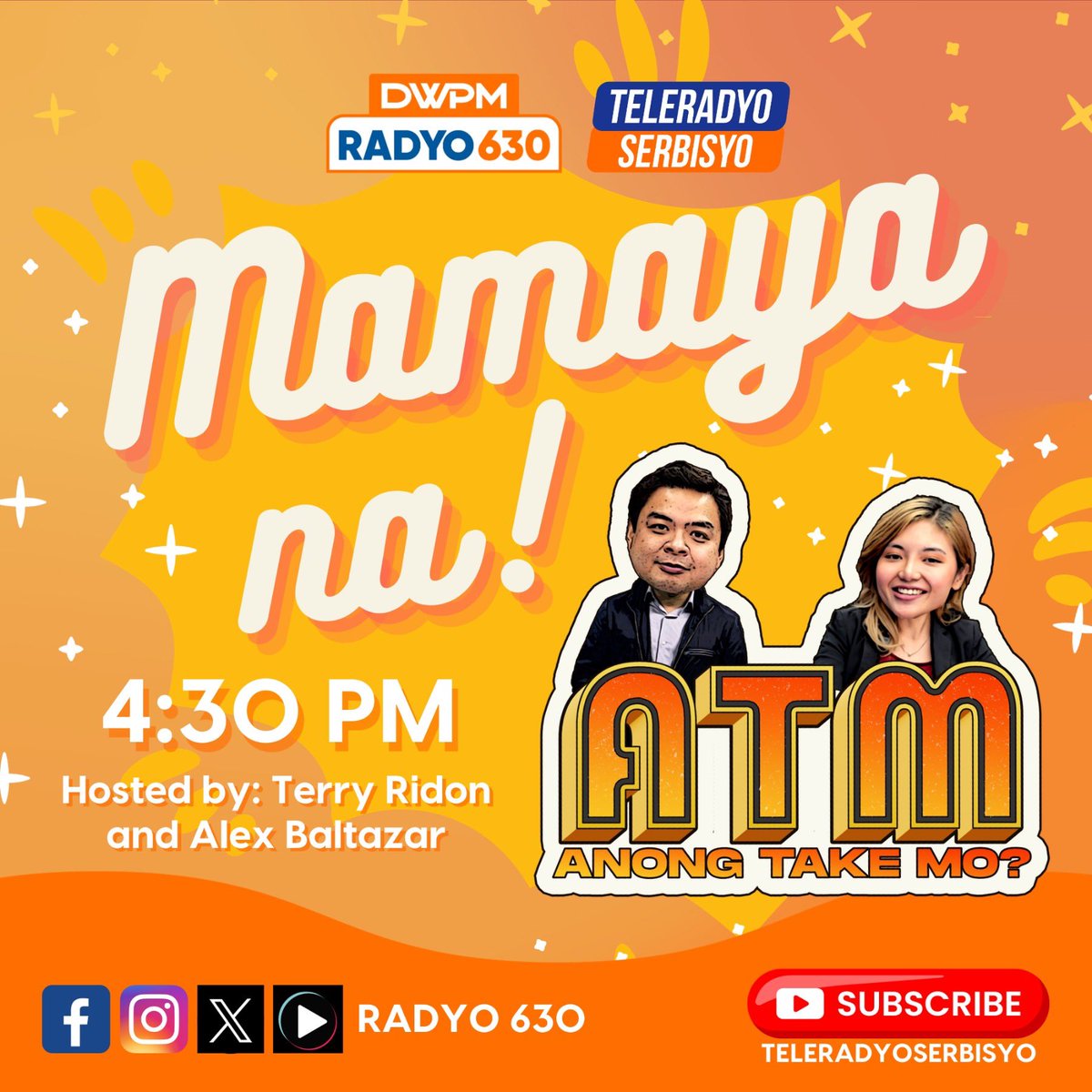 Radyo630's tweet photo. May bago nang magpapasaya ng hapon ninyo! 🤗
Samahan ninyo kami mamaya sa ating pinakabagong programa sa Radyo 630 at TeleRadyo Serbisyo!
Sabay-sabay nating alamin #AnongTakeMo sa mga isyu at usapin ngayon kasama sina Terry Ridon at Alex Baltazar! 🧡 https://t.co/MnCYikxX7n