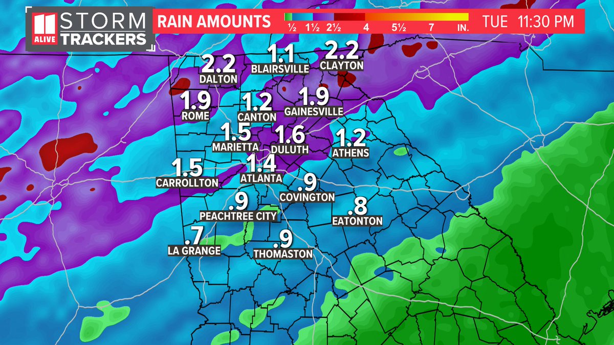 Tuesday very well could be our wettest day in at least 3 months, with a solid 1-2' of rain forecast for north Georgia. #gawx #storm11