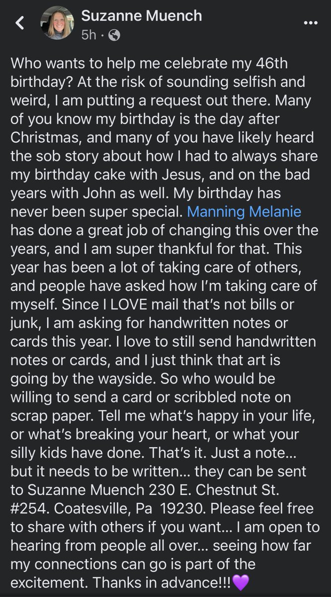 A friend has had a very rough year and for Christmas only wants handwritten notes—birthday or otherwise. Would you be willing to send her a note? Her address is in the image. If not, please RT for others to see.