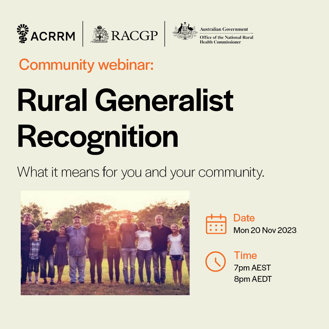 Great to see lots of registrations for tonight's community webinar on Rural Generalist recognition. Want to learn more about the what it means for your community? It's not too late to join us: bit.ly/47d8hH8 #Healthcare #PrimaryCare #AusHealth #RuralHealthMatters