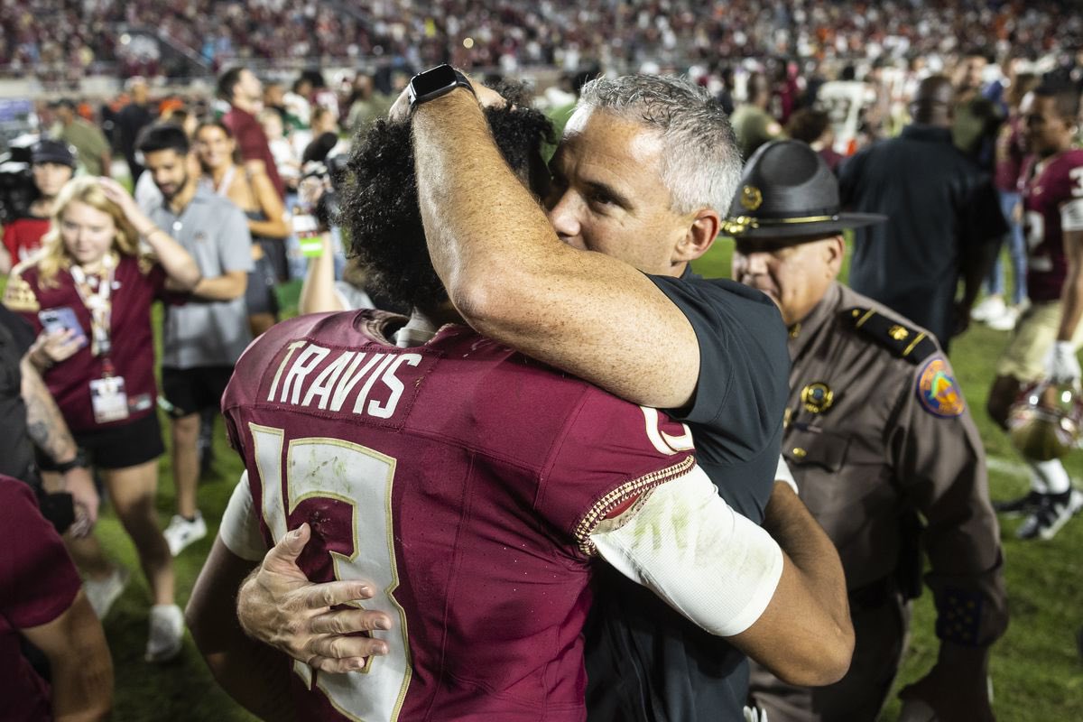 CFBReport's tweet image. Jordan Travis Appreciation Post

Career Stats:

• 62% Comp. Rate
• 8,714 Pass Yards
• 1,950 Rush Yards
• 97 Total TDs
• 20 INT

FSU by the year w/ Jordan Travis:

2020: 3-6
2021: 5-7
2022: 10-3
2023: 11-0

Incredible leader, and is largely responsible for reviving FSU.