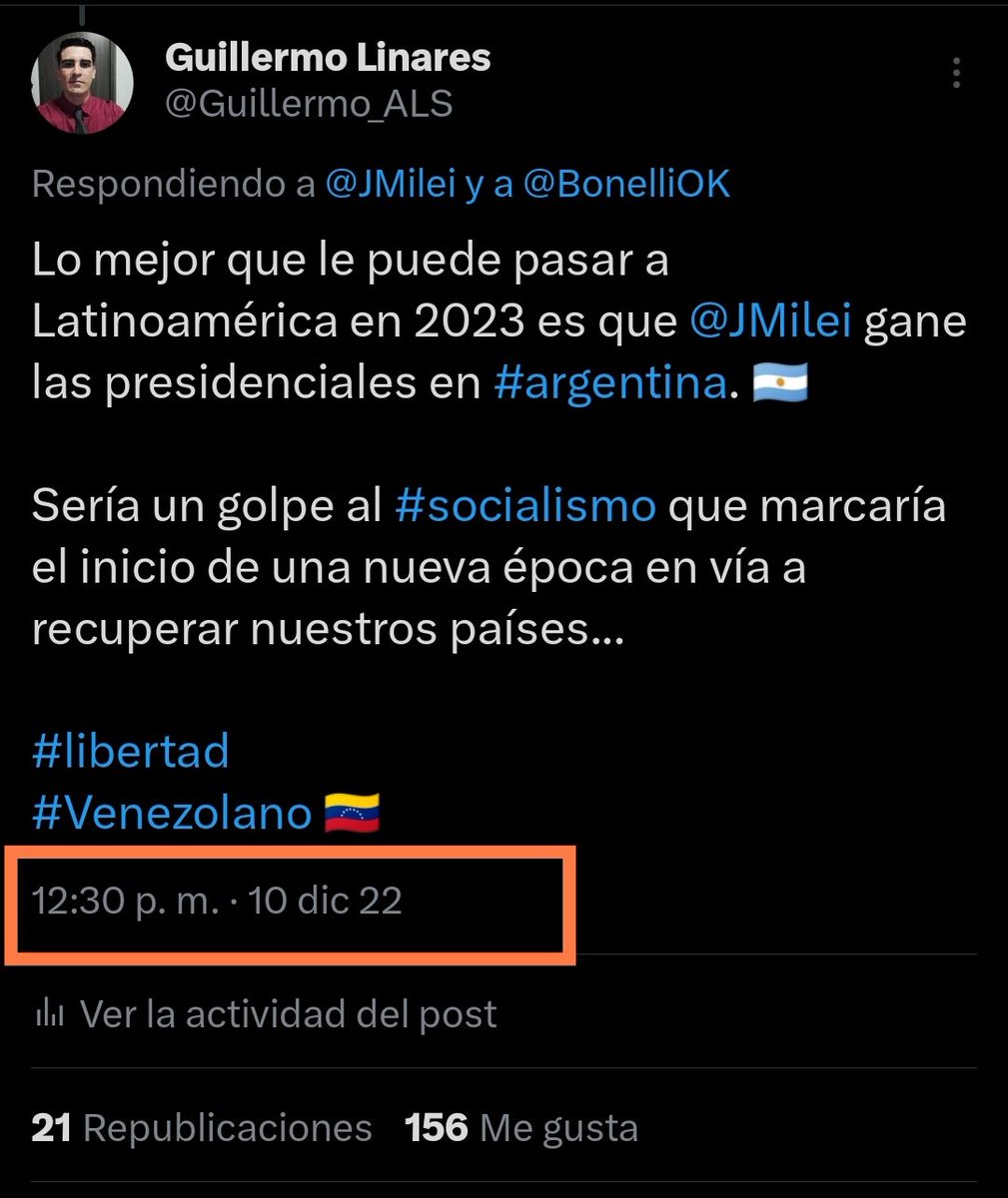 Guillermo_ALS's tweet photo. Hace 1 año @JMilei se perfilaba como una opción a la presidencia y el fenomeno estaba creciendo, hoy es un hecho! 

Felicidades y gracias @JMilei y a toda la Argentina! 

#Latinoamerica entera está de fiesta!!! https://t.co/qNUmRpyfhc