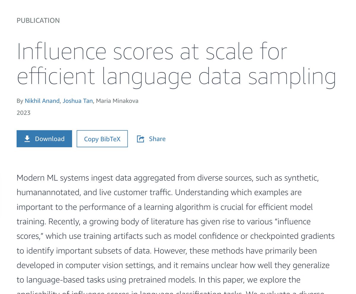 sarahookr's tweet image. This work by @AmazonScience combines our VoG method with data pruning successfully. It fun because VoG we proposed a few years ago in a computer vision context -- fun to see it generalize to language-based tasks using pretrained models. successfully. 

amazon.science/publications/i…