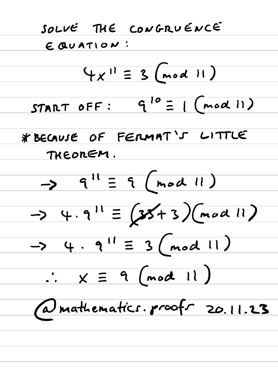tiago_hands's tweet image. Each mod has a world of its own... When you&apos;re in (mod11) you&apos;re in (mod11). Don&apos;t ask questions, just solve. 😆 If 4x¹¹≡ 3 (mod 11), then x ≡ 9 (mod 11). #furtherpuremaths #modularcongruence #modulararithmetic #clockarithmetic