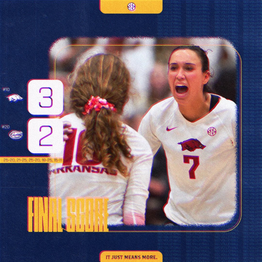 Hogs on🔝

No.10 <a href="/RazorbackVB/">Razorback Volleyball</a> holds off No.20 Florida in a 5 set battle!

#SECVB