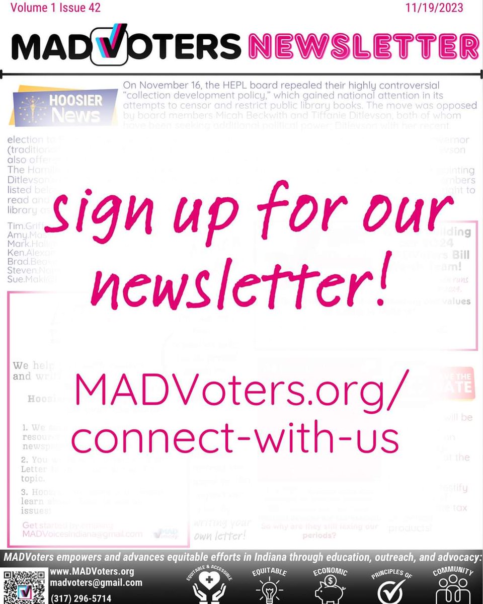 Every Sunday, we send out our weekly newsletter via email with a recap of big news, upcoming events, important dates, opportunities to get involved, and more! Stay in the know by signing up at MADVoters.org/connect-with-us. #madvoters #getmadindiana #mutuallyassureddemocracy
