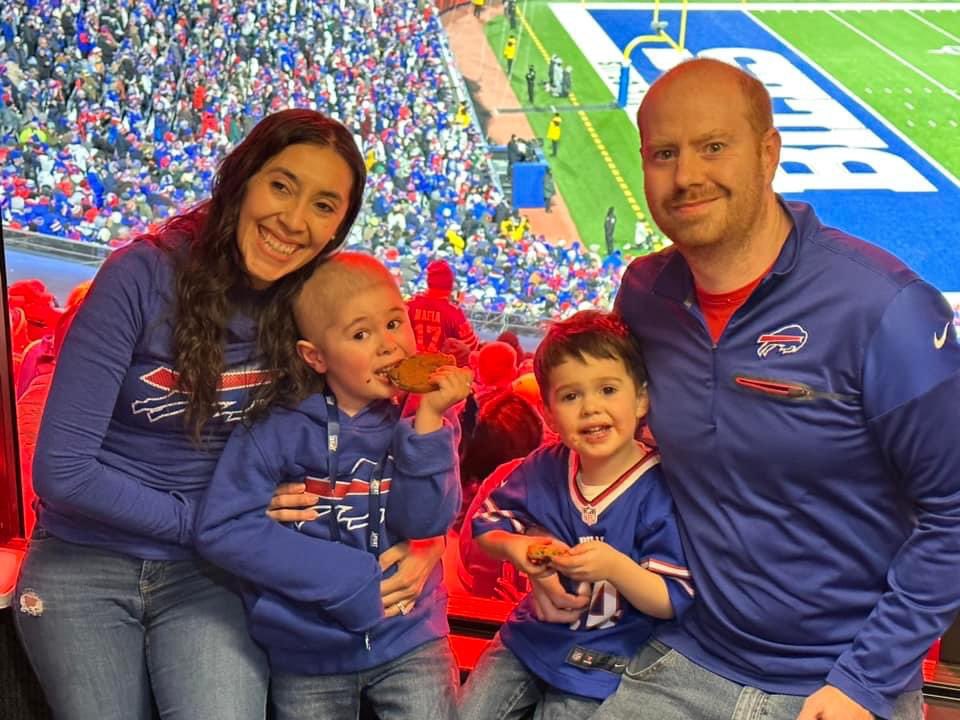PUNTpedcancer's tweet photo. We’re loving the Buffalo Bills score, but a night away from pediatric cancer is always a win! 👊🏻Thanks for the privilege of serving you through our #GameDay program, Cardell and Connor! ♥️💙🏈🎗️😍 #noonefightsalone #onlywithyou https://t.co/TKaimen9SJ