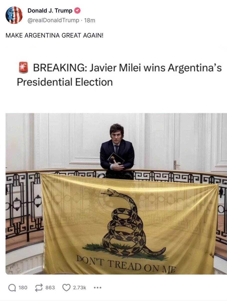 🇦🇷🇺🇸 | En su red social Truth, Donald Trump felicitó a Javier Milei (<a href="/JMilei/">Javier Milei</a>) por la victoria en Argentina.

"Felicitaciones a Javier Milei por la gran carrera por la presidencia de Argentina. Todo el mundo estaba mirando. Estoy orgulloso de vos. Vas a dar vuelta a tu país y