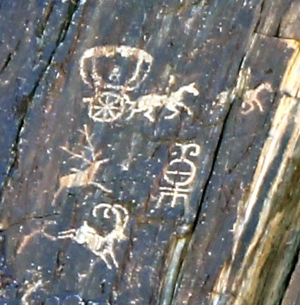 Ямаан усны хадны зураг дахь сүйх тэрэгтэн. 
Ховд
Алиай, Үенч сумын заагт бий