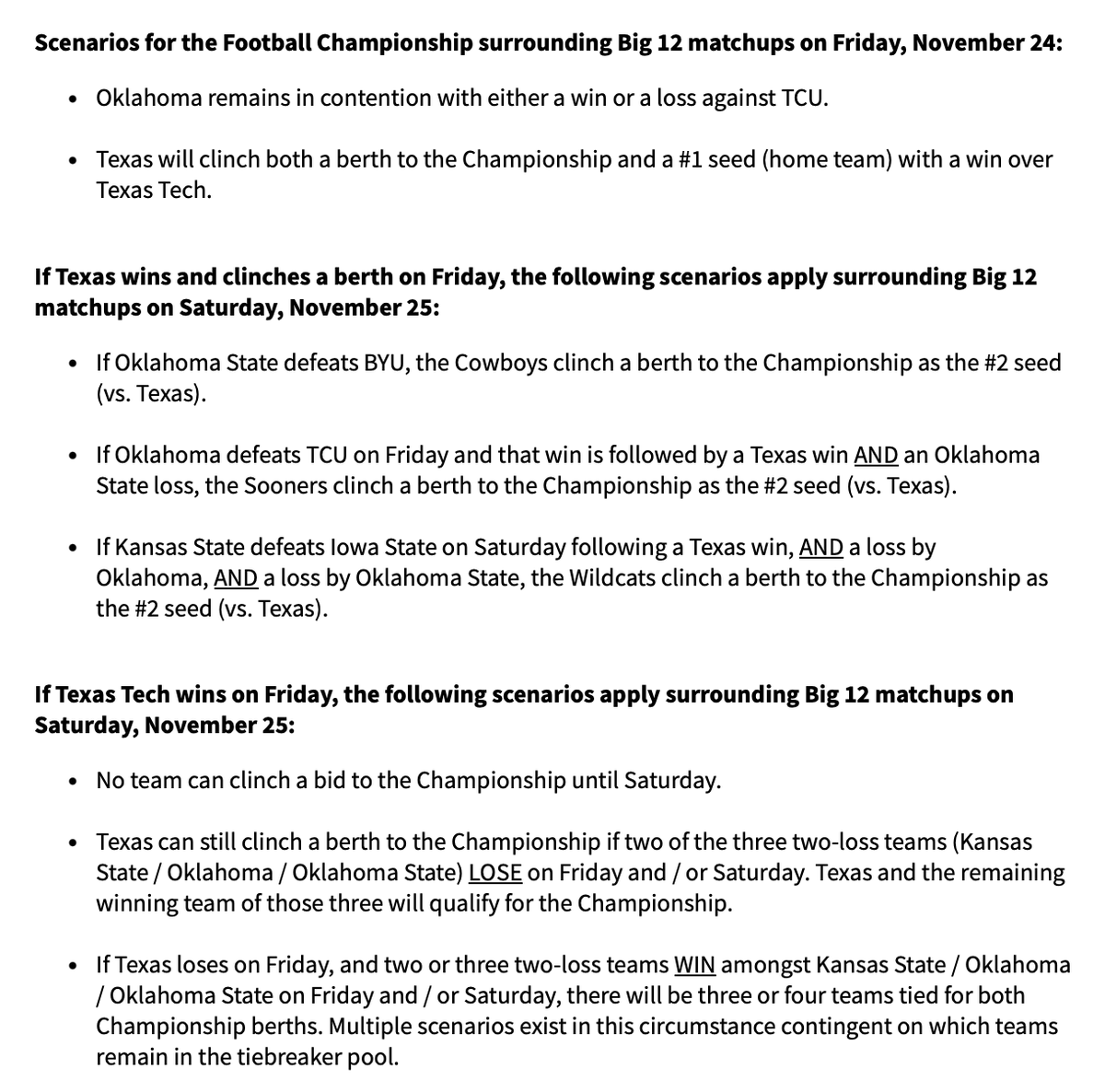 max_olson's tweet photo. The Big 12 has released an update on its championship game tiebreaker situation.

Here's where things stand going into the week: https://t.co/MEVEofRkIu https://t.co/zFjmje2c36