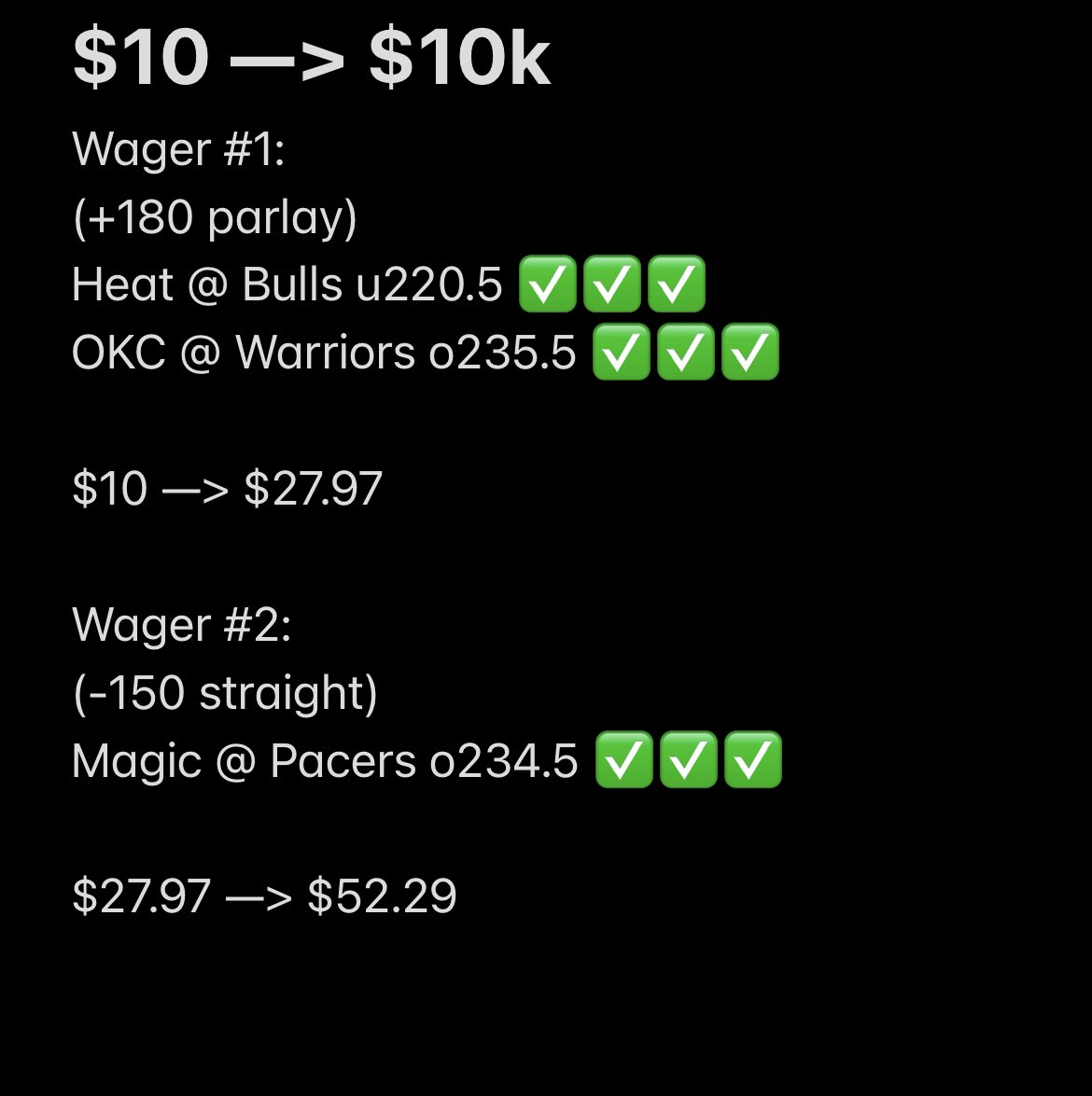 KevyBets's tweet photo. Day 2 of $10 —> $10k is another success ✅🔒

Can’t wait for tomorrow 😈💸 https://t.co/WBHNGLO7Gx