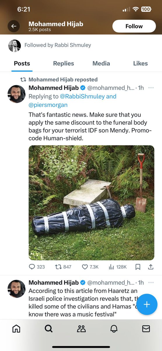 RabbiShmuley's tweet photo. Sick, depraved, and dangerous Islamist @mohammedhijabofficial @mohammed_hijab just threatened my son’s life and depicted him in a body bag. Where are the police? And @piersmorgan @piersmorganuncensored must condemn this abomination. https://t.co/yV9mTta9J3