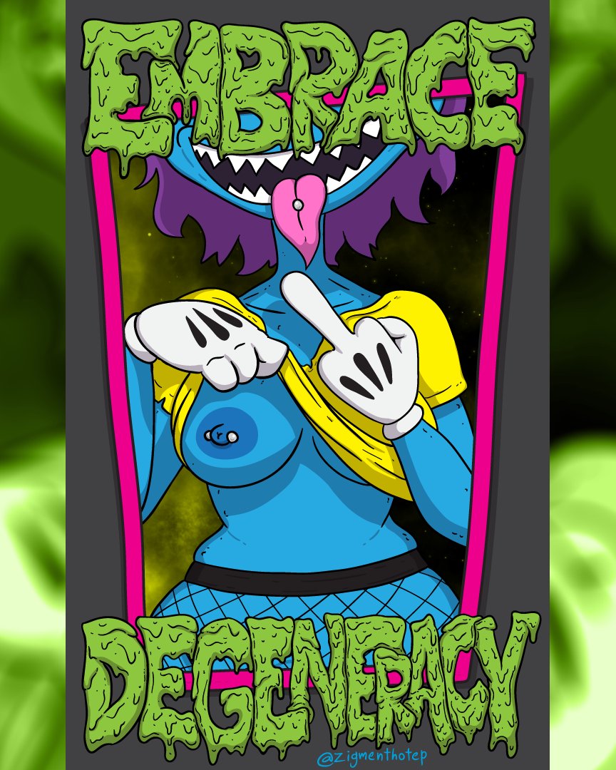 Reject the weaponized morality of self-serving demagogues. When purity becomes just another word for corruption you must embrace degeneracy to survive.

#art #illustration #lowbrow #lowbrowart #monstergirl #slime #popsurealism