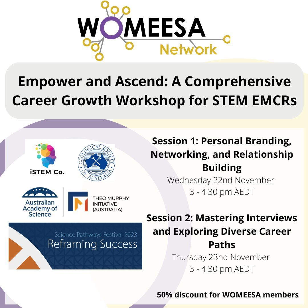 Friendly reminder! Our WOMEESA workshop at the @EMCRForum #SPF23 is happening this Wed & Thu! Register at buff.ly/3SydKnC WOMEESA members, find a 50% discount in your email! @iSTEMCo @GeoSocAustralia @Science_Academy Check out session details at buff.ly/3Sq1zsP