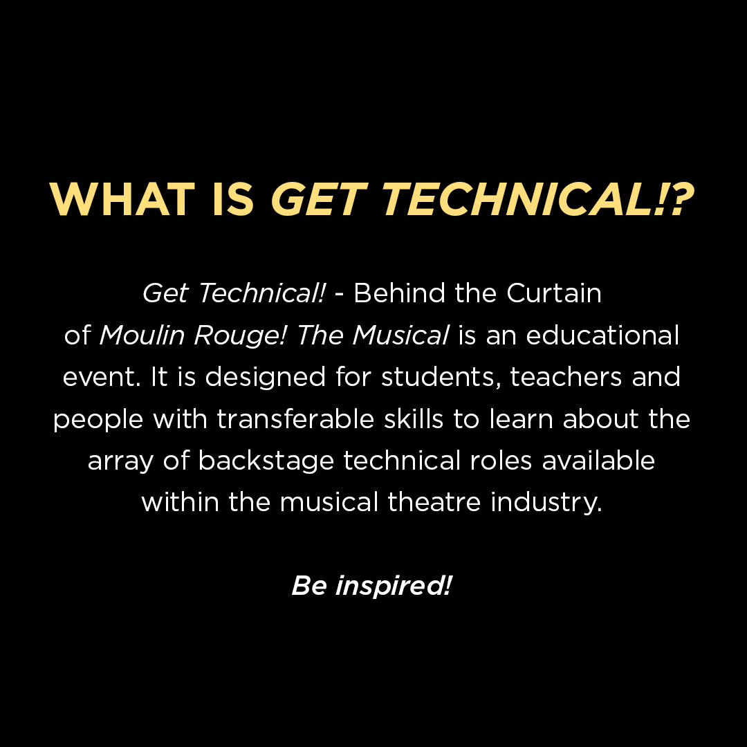 MoulinMusicalAU's tweet photo. Join us at Get Technical! - Behind the Curtain of Moulin Rouge! The Musical to experience the production from behind the scenes. Learn about the different backstage technical roles that go into running the spectacular!

#GetTechnical #GlobalCreatures #MoulinRougeTheMusical https://t.co/OWDR8ZQIgi