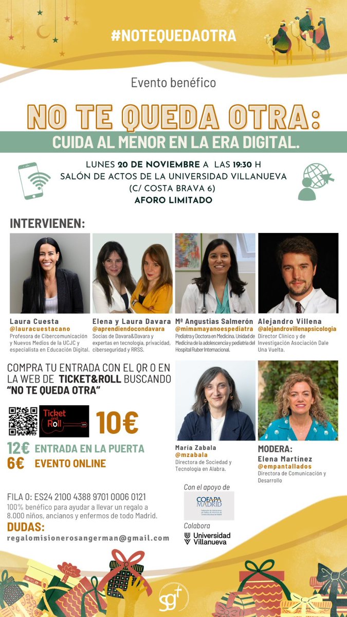 Laura Davara (@lauradavara) on Twitter photo ¿Tienes hij@s? #notequedaotra que venir.
👦🧒📱: #menores y #pantallas.
👌 SACA el tiempo para venir HOY a las 19,30h a <a href="/Univ_Villanueva/">Universidad Villanueva</a>
HAZLO por ti, HAZLO por tu hij@.
Presencial y online ticketandroll.com/evento/no-te-q…
#menores #pantallas #Davara ¿Tienes hij@s? #notequedaotra que venir.
👦🧒📱: #menores y #pantallas.
👌 SACA el tiempo para venir HOY a las 19,30h a <a href="/Univ_Villanueva/">Universidad Villanueva</a>
HAZLO por ti, HAZLO por tu hij@.
Presencial y online ticketandroll.com/evento/no-te-q…
#menores #pantallas #Davara