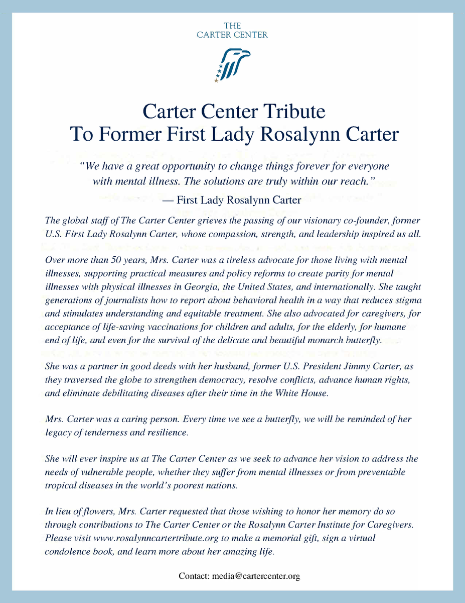 CarterCenter's tweet image. The Carter Center staff is deeply saddened by the death of our visionary co-founder, former U.S. First Lady Rosalynn Carter: rosalynncartertribute.org/announcements/…