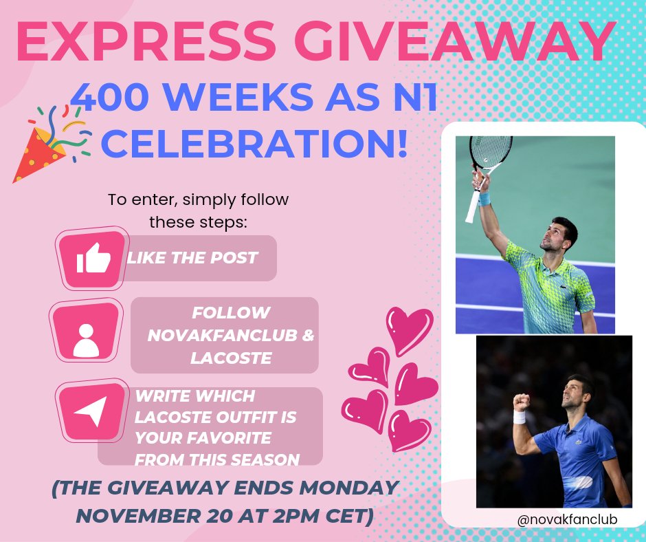 #NOLEFAM 📢 GIVEAWAY!!

@Lacoste is also the G.O.A.T!

I asked for help to celebrate with #nolefam the 400 weeks as N1, we are giving away 3 things from Novak Collection 🐊❤️🥳

Thank you to #TeamLacoste ❤️ 

(Participate here only if you didn't participate on Instagram )