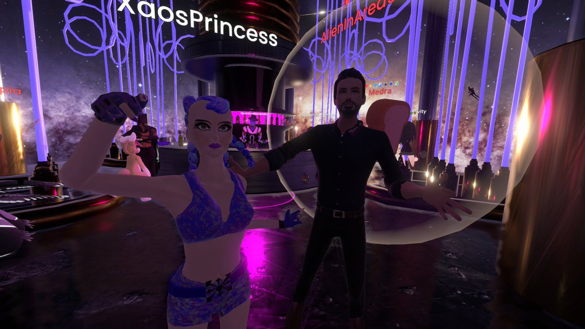 XaosPrincess's tweet photo. We are just so happy to have found a new #SocialVR home for our #QuantumBar on #Resonite 💜🍾😎 https://t.co/kjUicAoLAP