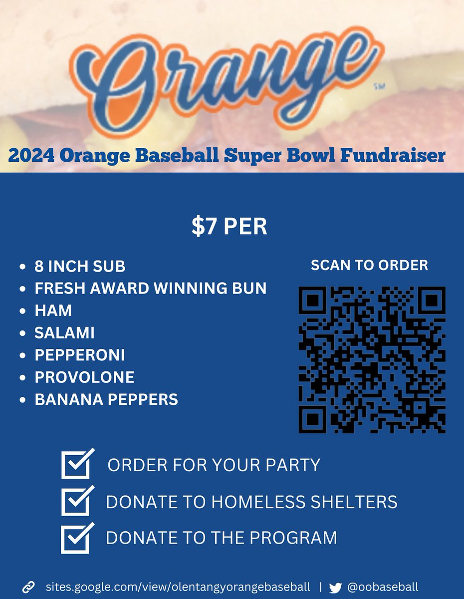 The <a href="/oobaseball/">Orange Baseball</a> sub sale is live! Subs are handmade by the team and I will deliver them the day b/f the Superbowl (Columbus only)...or, you can donate subs to the homeless (over 2k last year). Just fill out the form and remember to select my name.

form.jotform.com/233195983300154