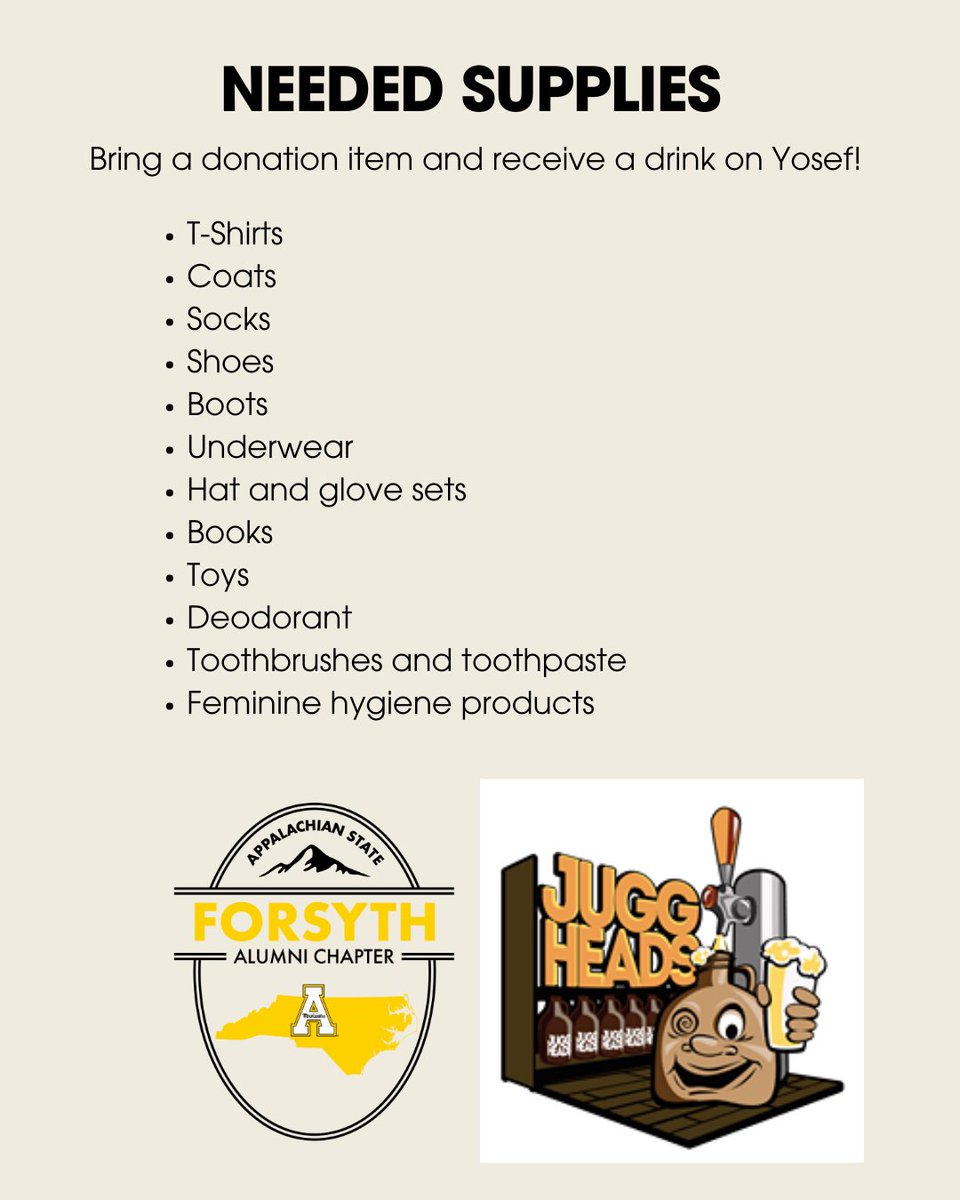 AppForsyth's tweet photo. We’ll be at JuggHeads Growler’s &amp; Pints on Thursday, December 14 from 5:00 to 8:00 pm for you to drop off your donations and enjoy an evening with fellow Alumni. Bring a donation item and receive a drink on Yosef!

#AppForsyth #AppAlumni https://t.co/HhjSoroEtO