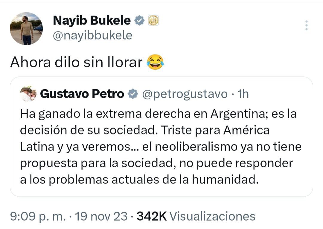 DolarToday's tweet photo. ¡Atención! El presidente del Salvador Nayib Búkele, acaba de "Trollear" públicamente al presidente de Colombia Gustavo Petro por el triunfo de Javier Milei como nuevo presidente de Argentina. @nayibbukele https://t.co/TsOIKYQ3rx
