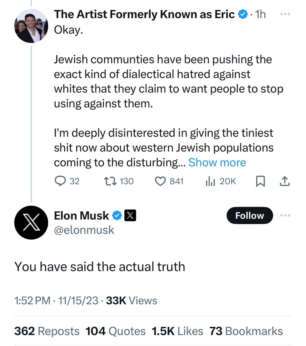 s_sedwards's tweet photo. @xDaily Context: Elon Musk said that the Jewish Community working to oppress whites was 'the Actual Truth'.

Oh and the platform is such magnet for bigots that people are pulling ads because they keep showing up next to bigotry which X said they would fix.

News Flash: They Didn't https://t.co/FoJlptASgq