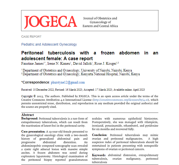 jogecajournal's tweet photo. Peritoneal tuberculosis with a frozen abdomen in an adolescent female: A case report by Drs. Faustine James, Irene Ngina Kimeu, David Jalloh, Rose Jepchumba Kosgei
> https://t.co/7yXJLlOgjp
#JOGECA #PERITONEALTUBERCULOSIS https://t.co/8z0cFgvLq2