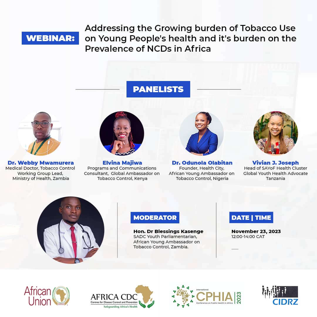 @CPHIA_AfricaCDC is on! We are discussing tobacco issues with @the_odunola , @ElvinaMajiwa , @webbymwamura, @vivian_j_joseph at our virtual side event.
📍23rd November, 2023
📌12:00-14:00 CAT, Zoom platform 
Register using the link; docs.google.com/forms/d/e/1FAI…

@cidrzinfo @SAYoF_SADC