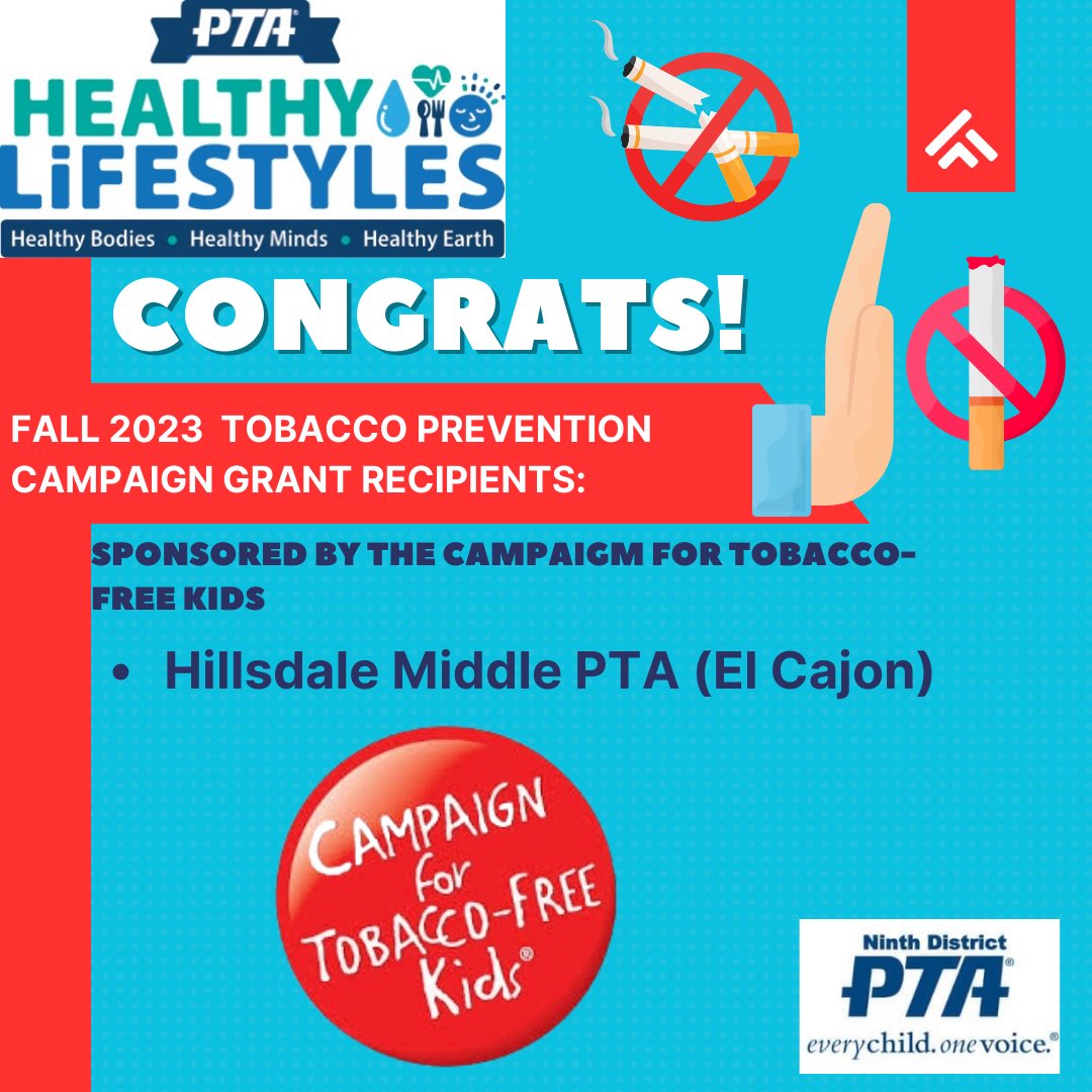 🎉🎈Congratulations to the Grant Recipients of the following: 
Tobacco Prevention
Thank you to the National PTA for awarding grants to our local PTAs to support the engagement of families and support student success through PTA Programs!