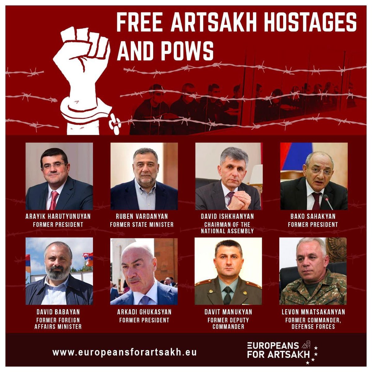 La dictature Aliyev 🇦🇿 détient 5️⃣5️⃣ prisonniers politiques Arméniens dont 8️⃣ anciens dirigeants de la République d’#Artsakh (Haut-Karabakh)

▶️ Coupables d’être démocrates
▶️ Coupables d’être Arméniens
▶️ Coupables d’avoir défendu leur terre

‼️Liberté sans délai pour ces