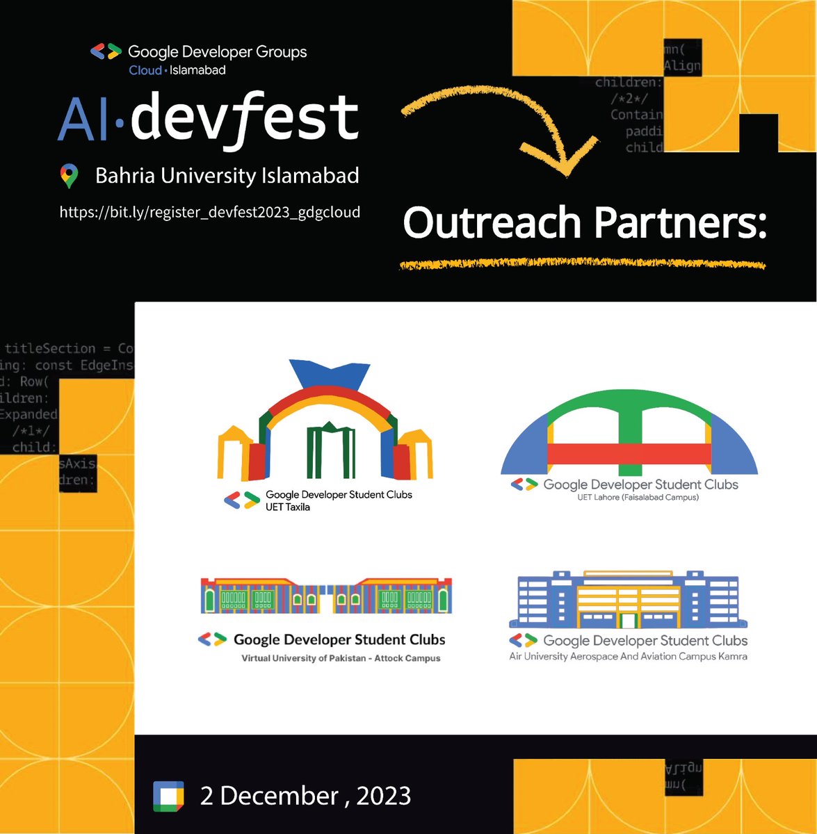 🌐 GDG Cloud Islamabad is delighted to announce our collaboration with the incredible
<a href="/dscuett/">Google Developer Student Club - UET Taxila</a>
@dscuet
<a href="/gdscvuatk/">GDSC - Virtual University of Pakistan Attock</a>
GDSC Air University  
for Cloud AI Devfest Islamabad 2023 . A warm welcome to all GDSC chapters 🤝
🔗 Secure your spot now:
bit.ly/register_devfe…