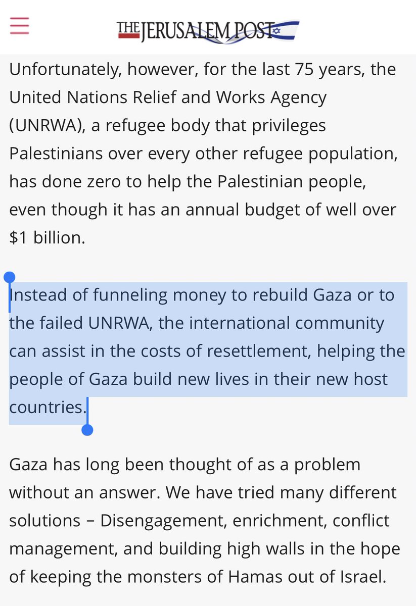 Please read their own words, this today from Israel’s Intelligence Minster Gila Gamliel. Presenting, as her only “post Hamas” plan, removing Palestinians from Gaza. Despite framing it as “voluntary” it’s clearly presented as the only “option” m.jpost.com/opinion/articl…