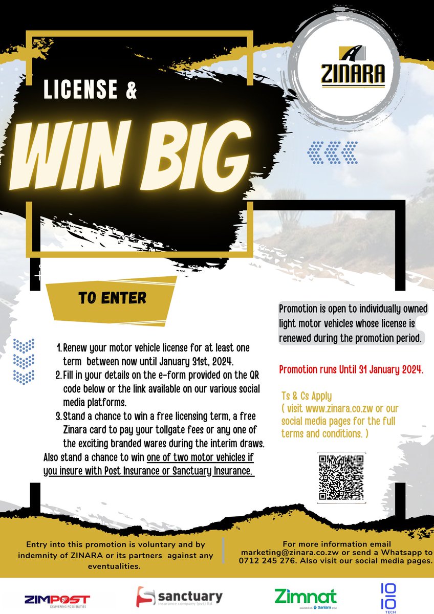 zinaraZW's tweet photo. It's big, it's here and it's exciting!!!!!  
Renew your motor vehicle license today and you could be the winner of amazing prizes.
License with @Zimposts or @sanctuaryinsure and you could win a vehicle in 2024!
Follow the link to complete your entry form:
https://t.co/rWyEpKc39n https://t.co/uCDBOnoMy3