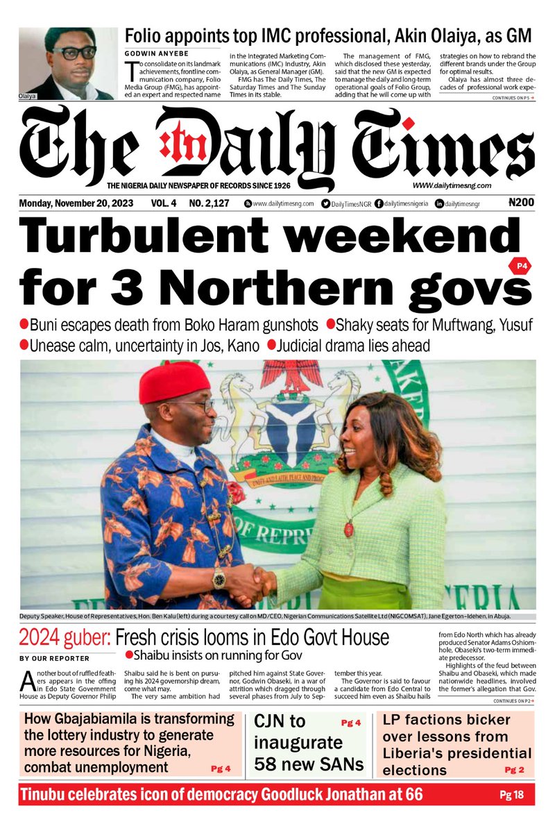 #HeadlineNews #coverstories #DailyTimesNGR #NewsUpdate #Nigerianewspapers #newspaper #viralreels #viralpost #matterarising #bbtvi #BBMAs #sisterwives