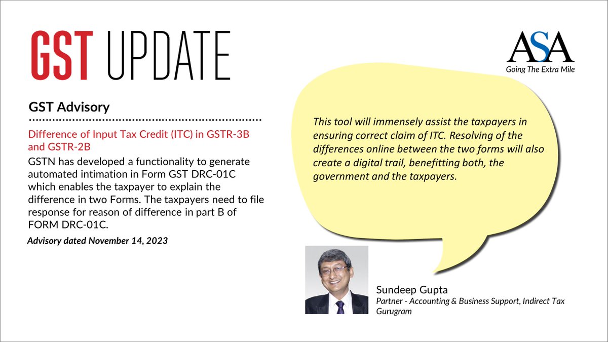 Bakertilly_ASA's tweet photo. #GSTUpdatesย byย Sundeep Gupta, Partner, Accounting and Business Support &ย Indirect Tax,ย @ASA_cci on " Difference of Input Tax Credit (ITC) in GSTR-3B and GSTR-2B"
#GSTcouncil #GST #GSTAppellate #Directtax #Indirecttax #taxclaim #taxcredit #GSTAdvisory #highcurtruling https://t.co/pKqDe6d4Yf