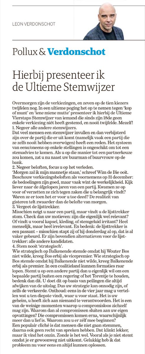 lucienpeeters's tweet photo. Helder stemadvies van @LeonVerdonschot in de krant vandaag! Laatste beetje twijfel is nu ook weg.
#verkiezingen22november https://t.co/4JLUgt52JB