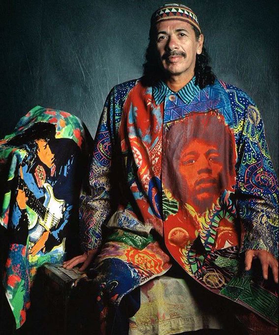crockpics's tweet photo. Carlos Santana wearing a shirt printed with a portrait of Jimi Hendrix. Photo by Luciano Viti. https://t.co/ksTunipkeh