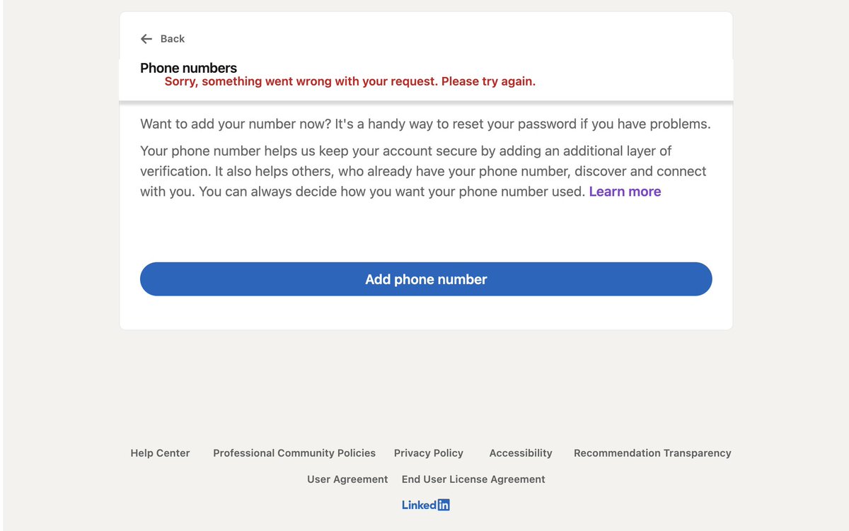 SatraNamra's tweet photo. Hi @LinkedInHelp 

I am experiencing a problem while trying to subscribe for a premium account, would really appreciate your assistance. 

I am unable to register my email and number, and cannot contact customer support since I need a Email registered with you for that. https://t.co/65vFc0dNHz