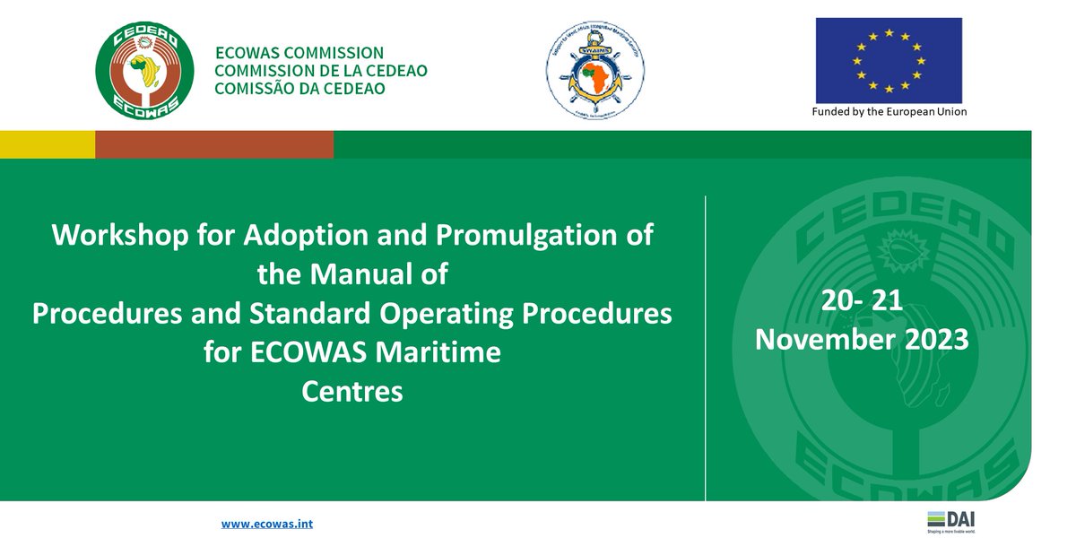 Abuja, 20th November 2023 – The #ECOWAS Commission, under the SWAIMS  project, is set to organize a pivotal workshop aimed at advancing the  adoption and promulgation of the Manual of Procedures and Standard  Operating Procedures for ECOWAS Maritime Centres.