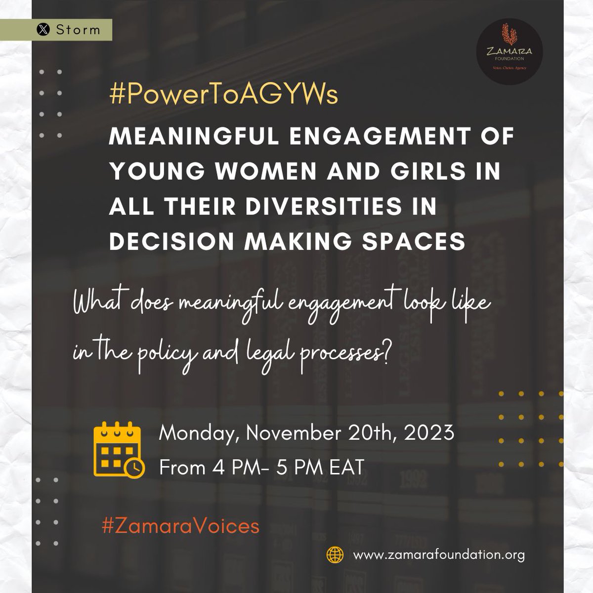 What does meaningful engagement look like in the policy and legal processes? Join us today as we discuss ways to give #PowerToAGYWs in all their diversity in decision making spaces. 

#ZamaraVoices