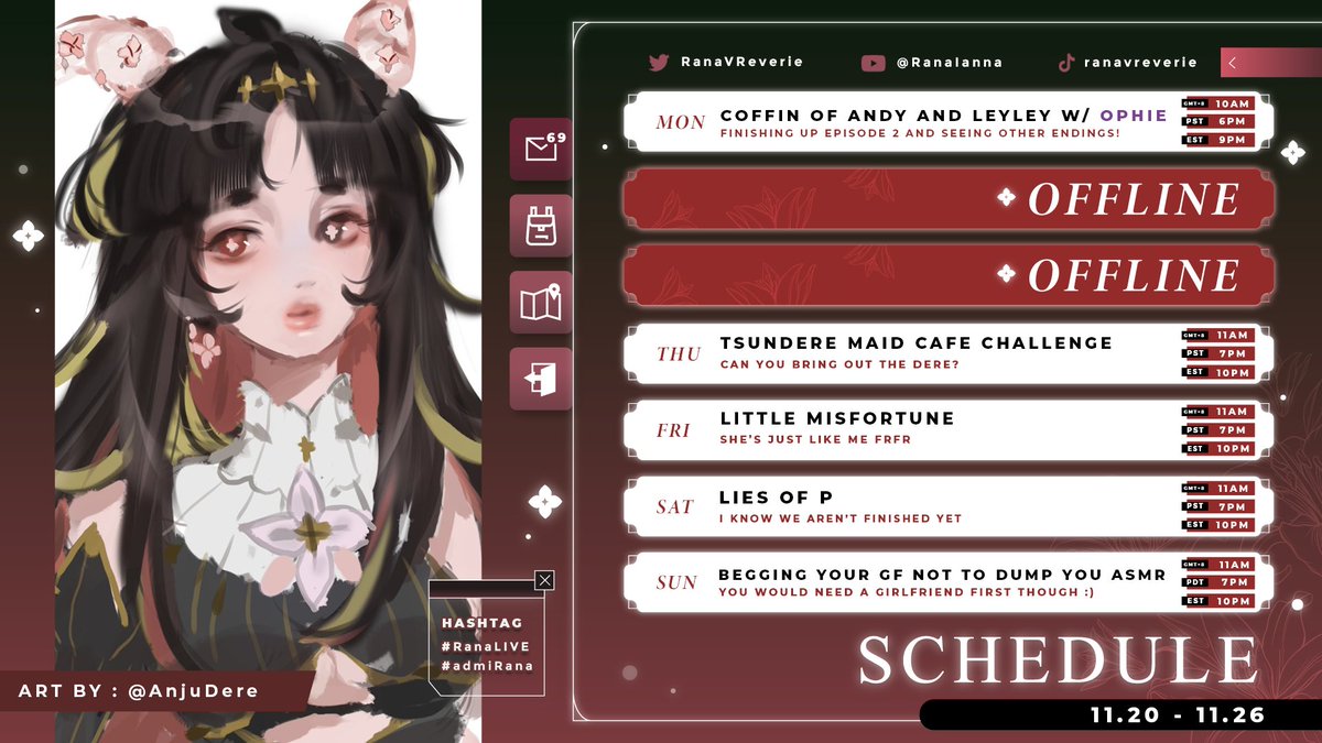 Rana_Ianna's tweet photo. 「𝑾𝑬𝑬𝑲𝑳𝒀 𝑺𝑪𝑯𝑬𝑫𝑼𝑳𝑬」 
11.20 - 11.26
🌸GEN: #RanaIanna
🌸LIVE: #RanaLIVE 
🌸ART:  #admiRana 
🌸CLIP: #RanaMP4
🌸MEME:  #ranasayslaugh

⬇️ DISCORD ⬇️
https://t.co/HWqkytjZQA

⬇️ MAROS ⬇️
https://t.co/YfcNonuS6u https://t.co/I9nQvRu4TZ