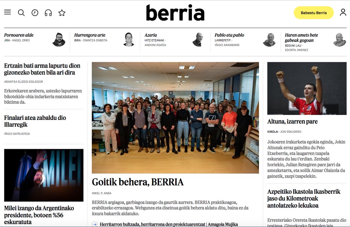 BERRIA berria abian da. Euskarazko egunkari nazionalak diseinu berria du, argiagoa, garbiagoa, praktikoagoa. Webgunea eta diseinua goitik behera aldatu ditu, baina ez da itxura bakarrik aldatuko.
berria.eus/komunikazioa/b…