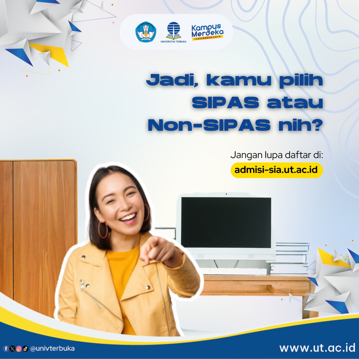 UnivTerbuka's tweet photo. [2/2]
Nah setelah kamu tahu bedanya SIPAS &amp; Non-SIPAS, kamu gak akan bingung lagi saat mendaftar jadi maba UT di https://t.co/xuRBjKf6NR

#UniversitasTerbuka #PendaftaranMahasiswaBaru #Diploma #Sarjana #Sipas #NonSipas #KuliahOnline #OnlineLearning #Kuliah https://t.co/HUgtY84D5C