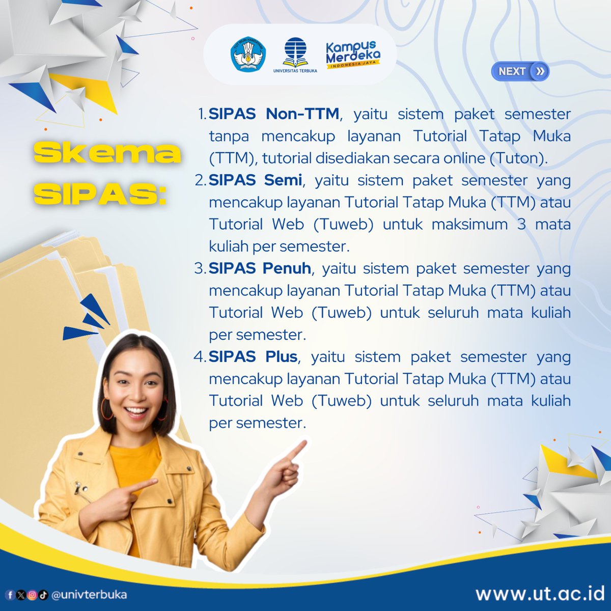UnivTerbuka's tweet photo. [1/2]
Sahabat UT, SIPAS &amp; Non-SIPAS apa bedanya? 

Yang masih bingung yuk simak penjelasannya di gambar postingan.

#UniversitasTerbuka #PendaftaranMahasiswaBaru #Diploma #Sarjana #Sipas #NonSipas #KuliahOnline #OnlineLearning #Kuliah https://t.co/DhCqj8YrIb