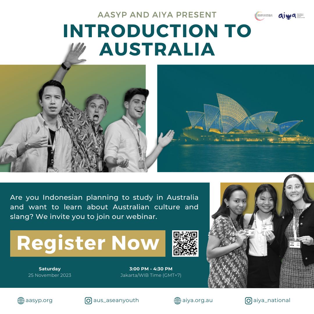 Embark on a cultural journey with AASYP & AIYA! 🌏✈️ Learn Aussie culture & slang in our webinar 🇦🇺🐨. 📆 25 Nov, 3-4:30 PM WIB. RSVP: bit.ly/IntroToAustral…. Ideal for Indonesian students & Australia enthusiasts! 🎓 #AASYP #AIYA #StudyInAustralia #AustralianCulture