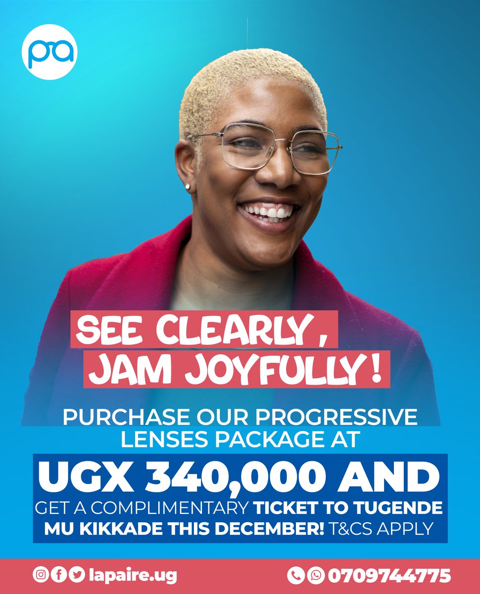 GIVEAWAY ALERT!

Starting today, for every pair of Progressive frames and lenses you buy from any of our Kampala branches at Ugx 340,000, you will get a ticket to the December edition of #TugendeMuKikkade.

So don't miss out on this opportunity!
#GetLapaired
