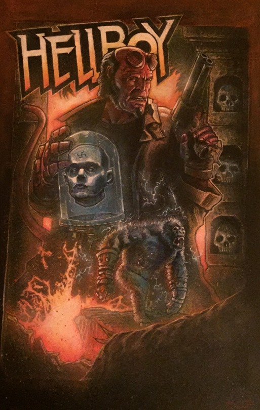 Chogrin's tweet photo. Here's another piece of art / poster for the @RealGDT art show I curated in 2015 done by the amazing @SpaceBoyComics #BlakeArtmstrong. I thought it would be fun for #Hellboy3 to open during the 60s or 70s as we follow Hellboy on one of his first solo missions as a #BPRD agent. https://t.co/I5xx0mf6jW